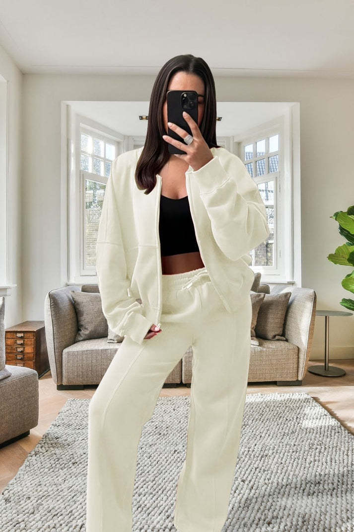 Bomber New Style Oversized Fleece Zipper And Wide Leg Tracksuit