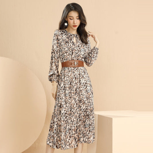Fashion Round Neck Floral Waist Tie Dress