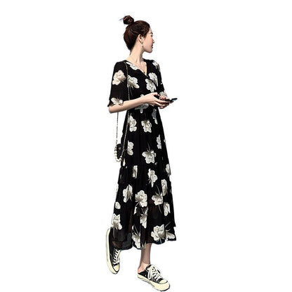 Slimming Flared Sleeves Holiday Floral Dress Women